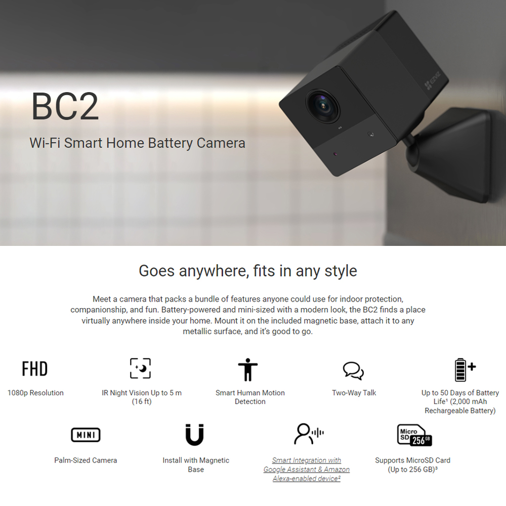 Ezviz BC2 2MP Indoor Wi-Fi Smart Home Battery Night Vision Two Way Talk ...