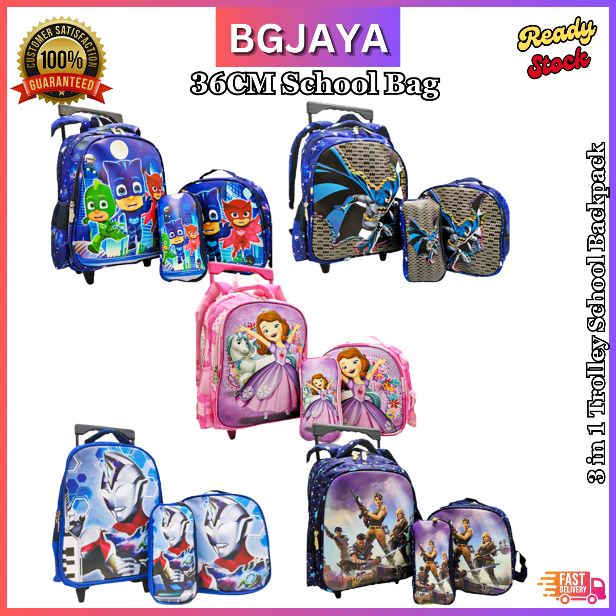 36cm New Cartoon 3 in 1 Trolley School Backpack Kids Trolley Bag 14 ...