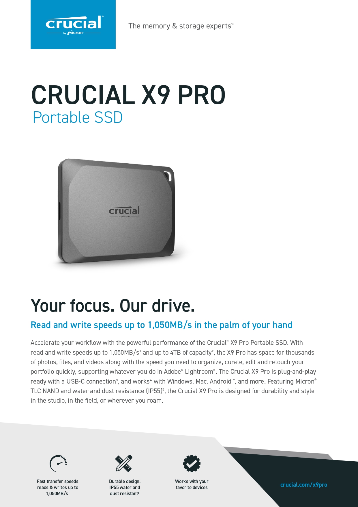 Crucial X9 Pro Per Mac 2TB SSD Portatile Esterno - USB 3.2 Gen2, Adattatore Per Mac, Velocità Elevata, Colore Grigio