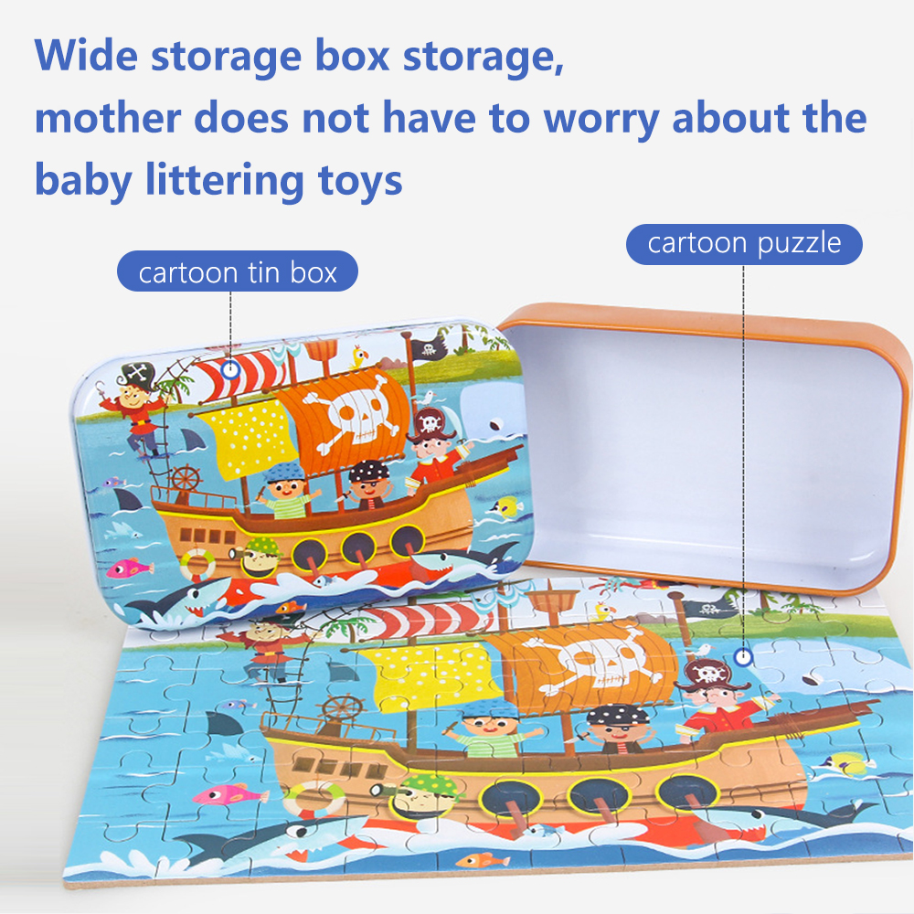 BEVAVAR 60Pcs Kids Wooden Puzzle Free Iron Box Early Learning Jigsaw ...