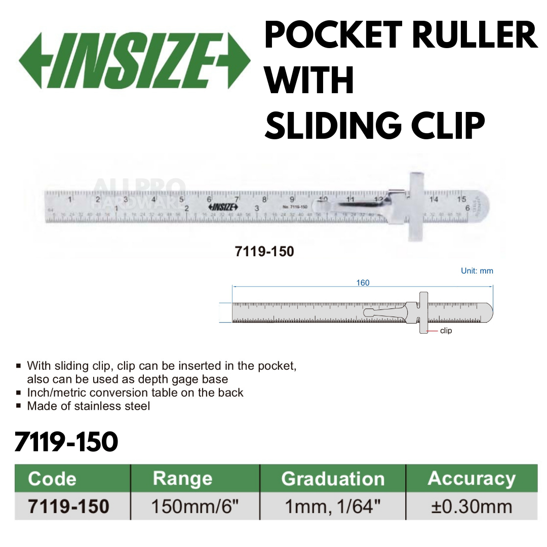 INSIZE 7119-150 POCKET RULLER WITH SLIDING CLIP (150mm/6