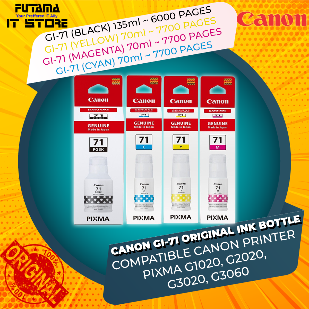 Canon PIXMA GI-71 Ink Bottle Refills (PGBK, C, Y, M) - For PIXMA G1020 ...