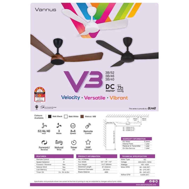 Alpha VANNUS V3 DC Ceiling Fan 28 40 46 52 Inch LED Fan Remote Control ...