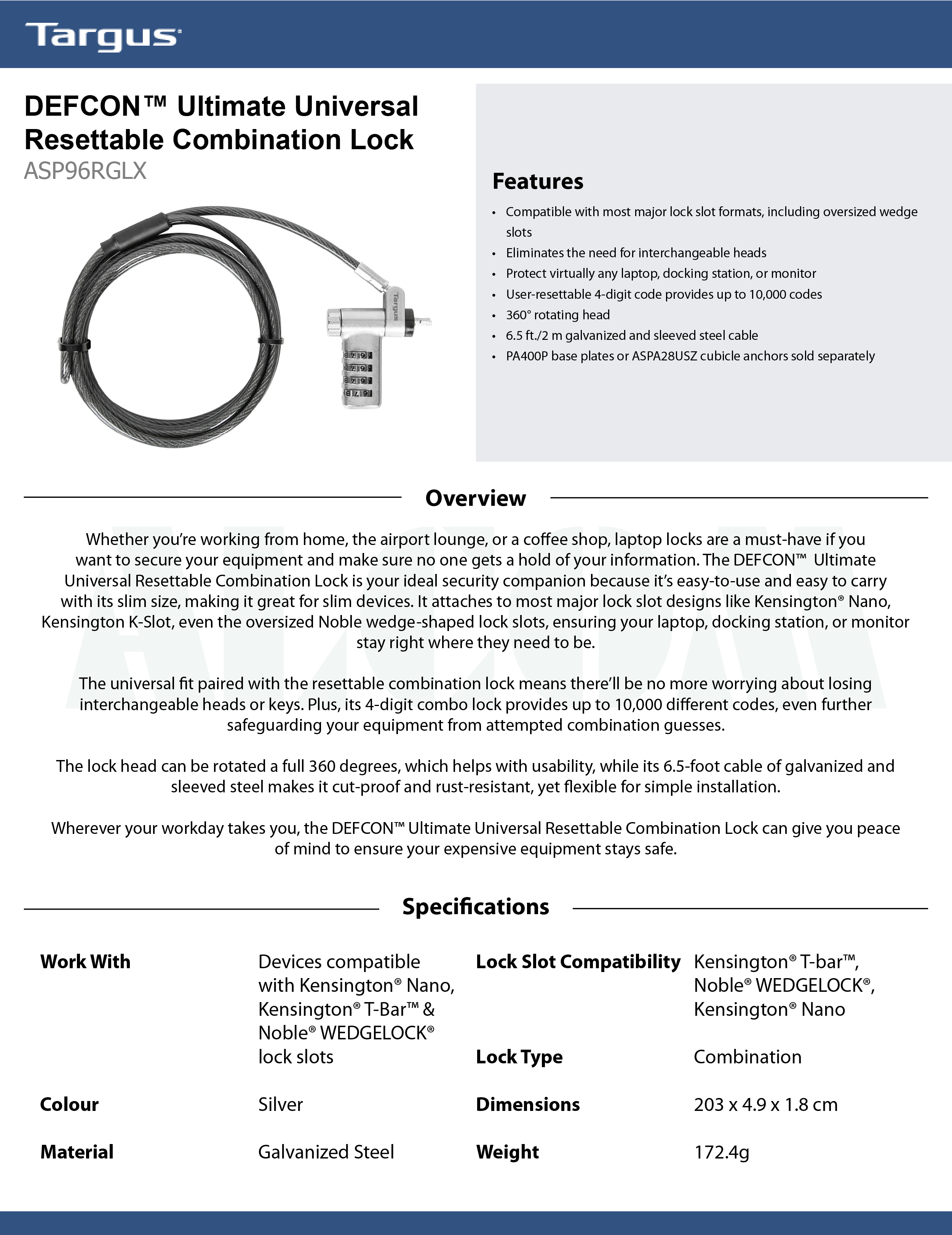 [New Arrival] TARGUS ASP96RGLX Defcon Laptop Universal Lock with ...