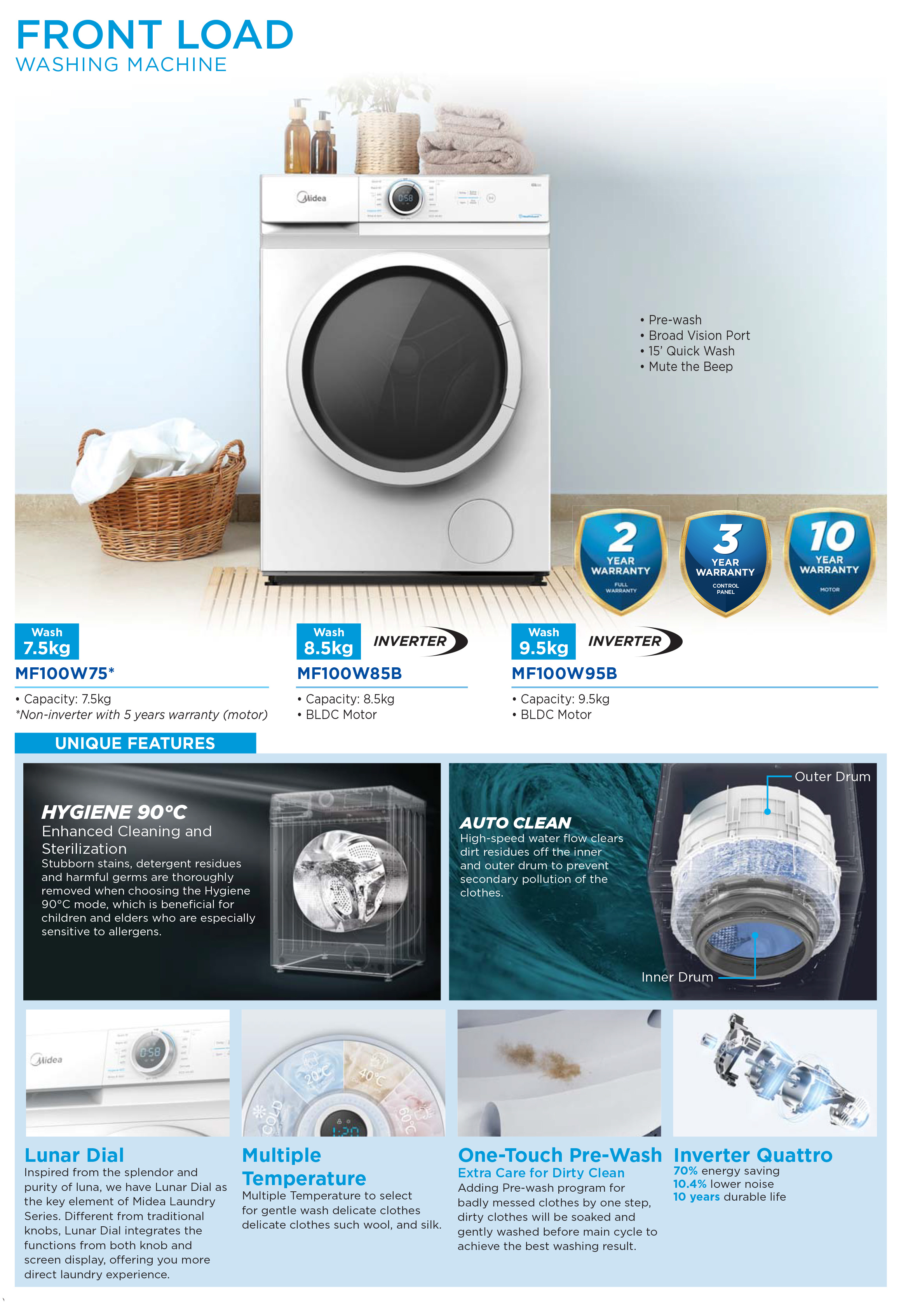 Midea Washing Machine (7.5KG/8.5KG/9.5KG) Hygiene 90℃ Front Load Washer ...