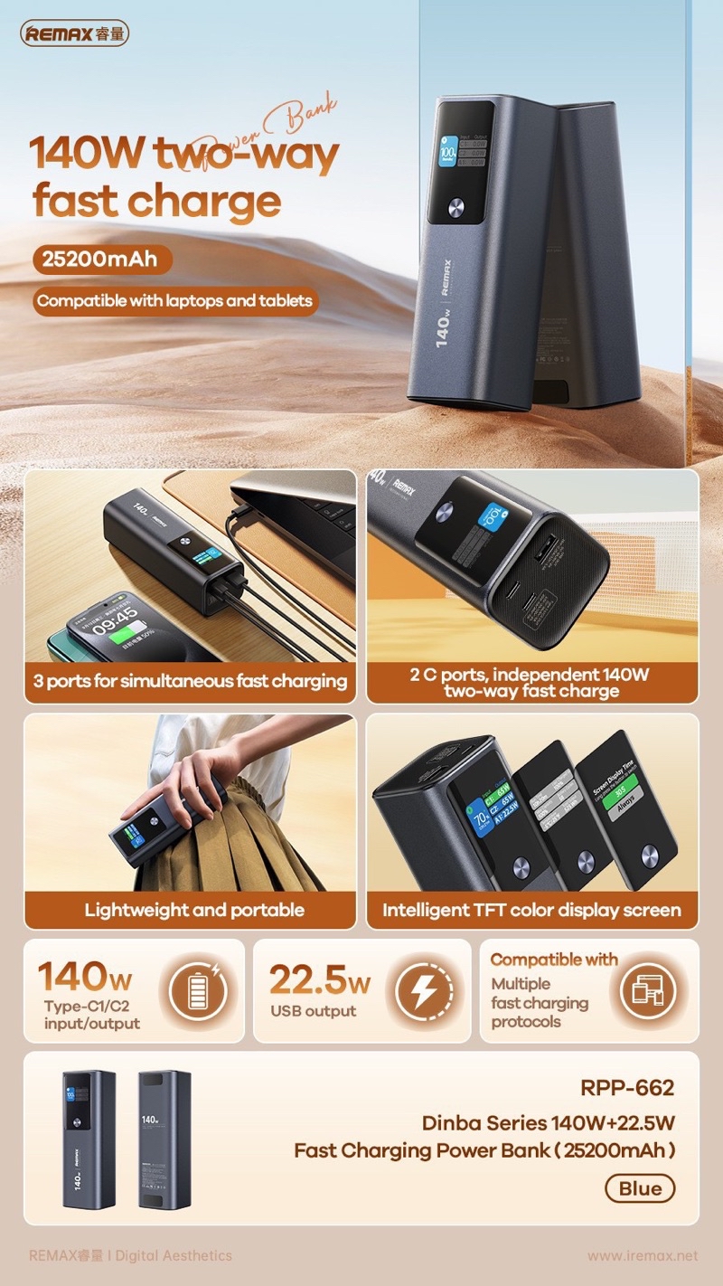 REMAX RPP-662 25200mAh 140W Fast Charge + 22.5W Super Fast Charge Power ...