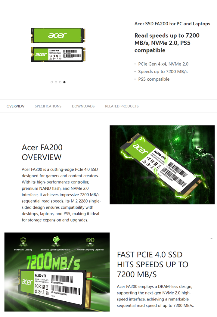 ACER FA200 PCIe Gen4x4 NVMe M.2 2280 SSD ( 500GB / 1TB / 2TB ) | Shopee ...