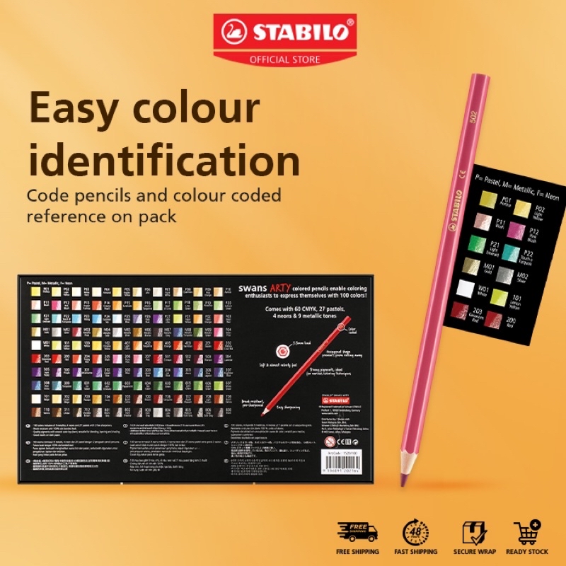 Coffret STABILO Swans ARTY 100 Crayons De Couleur - 60 Teintes CMYK, 27 Pastels, 4 Fluo, 9 Métalliques