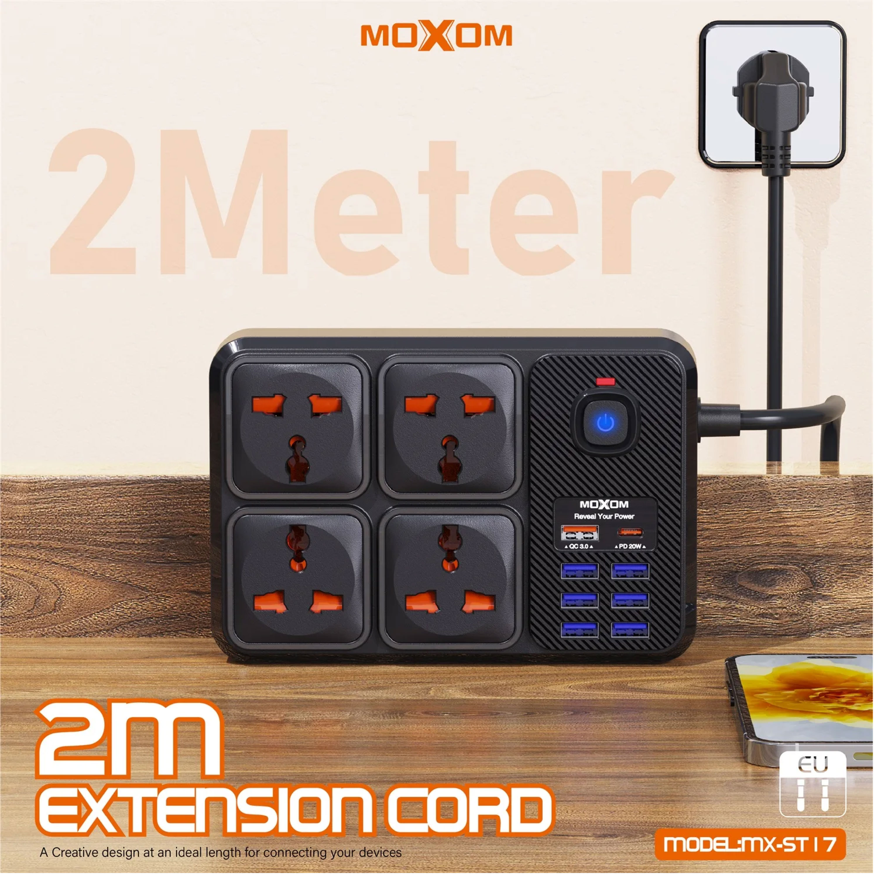MOXOM MX-ST15 EXTENSION 4 POWER SOCKET + 7 USB + 1PD 20W USB C QC 18W ...