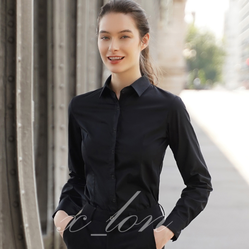 X LON Premium Formal Black Women Shirt Long Sleeve Plus Size Kemeja Hitam Perempuan Lengan Panjang Office Wear Shopee Malaysia