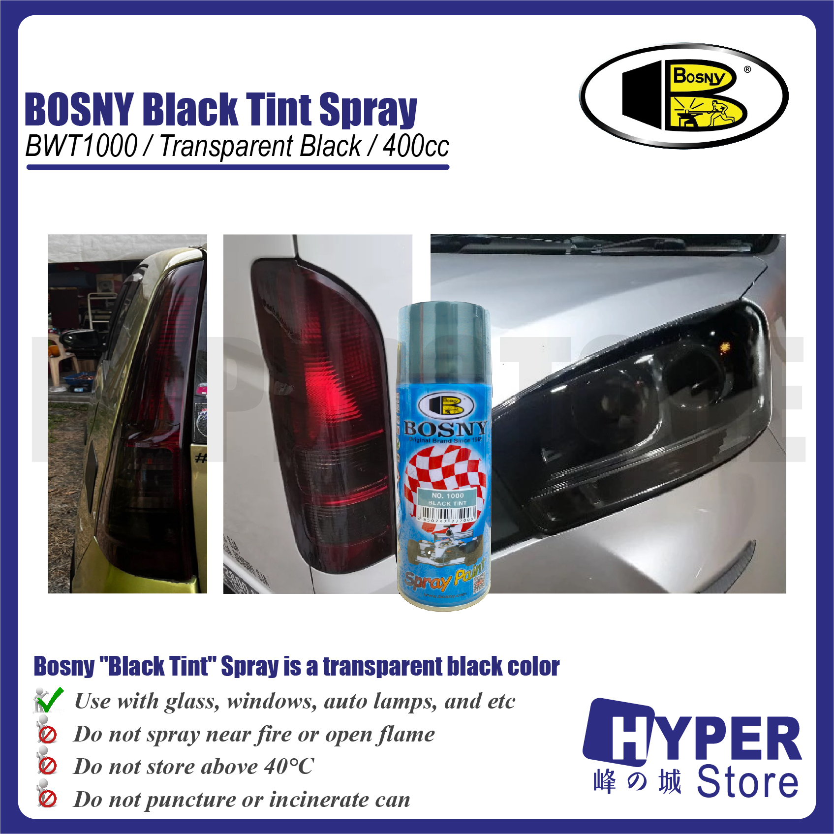 Bosny No.1000 Black Tint Acrylic Quick Drying Lacquer Spray untuk Lampu ...