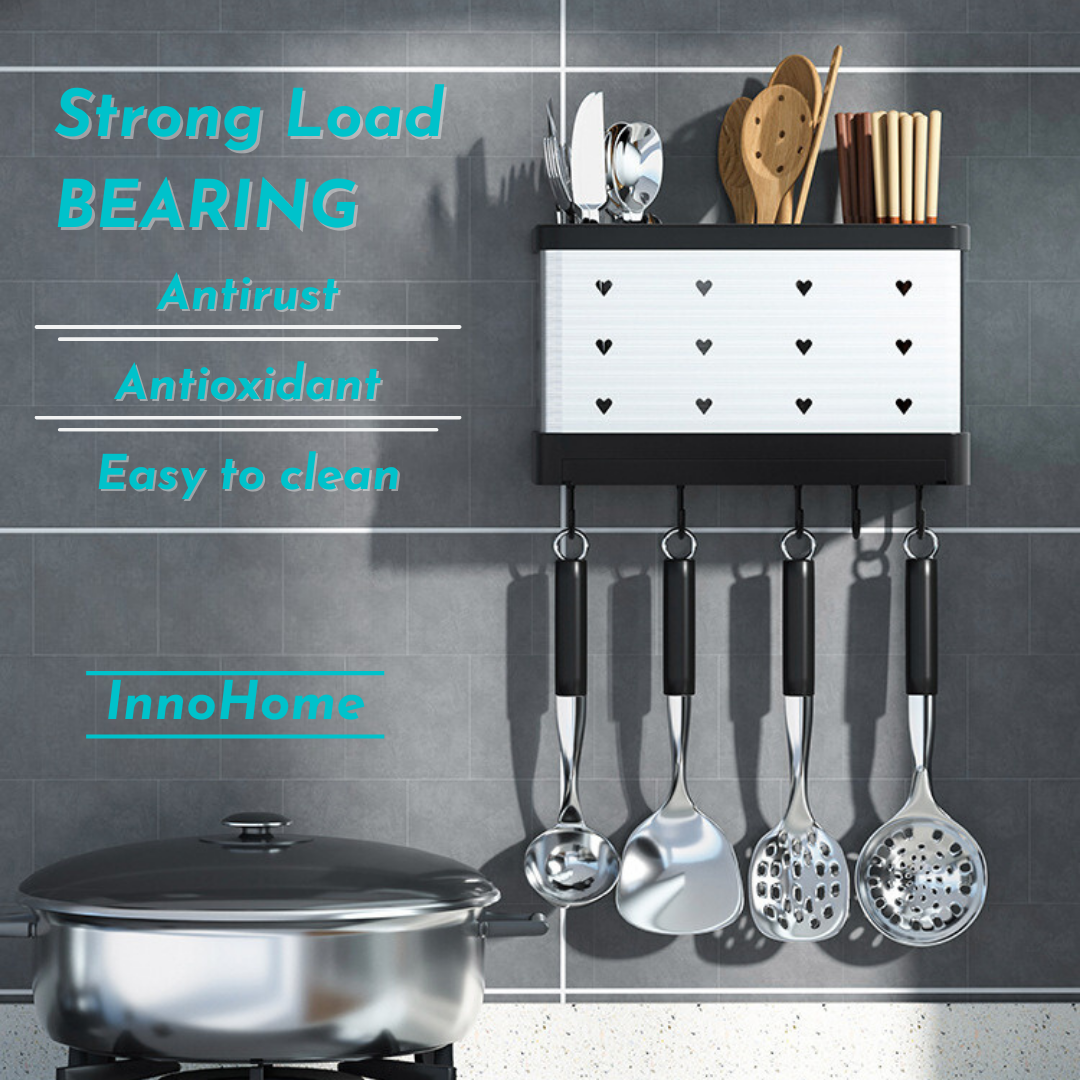 Kitchen Stainless Steel Drill Free Wall Mounted Shelf Organizer Utensil ...
