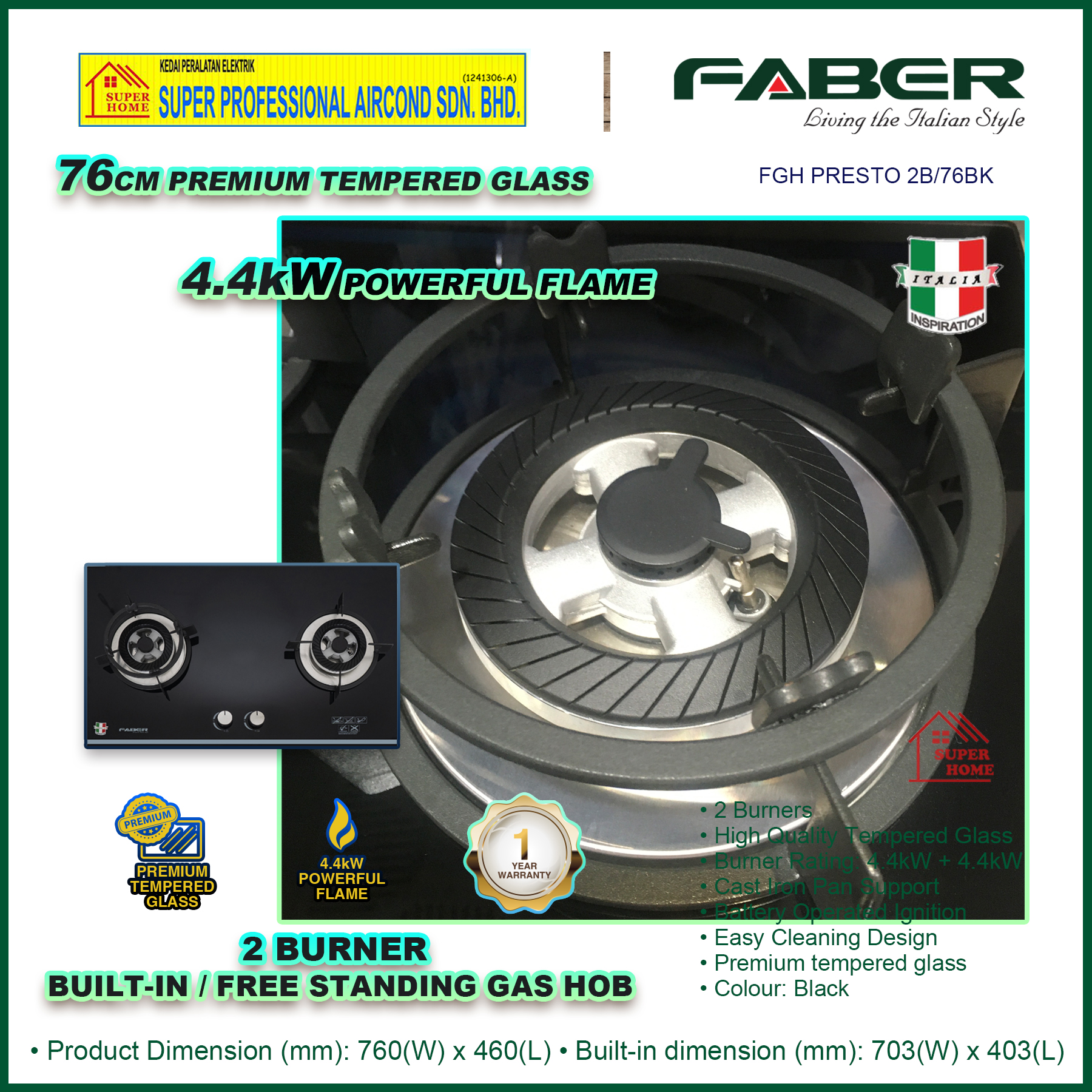 Faber Built-in Hob FGH PRESTO 2B/76BK (2 Burners) 76cm Tempered Glass ...