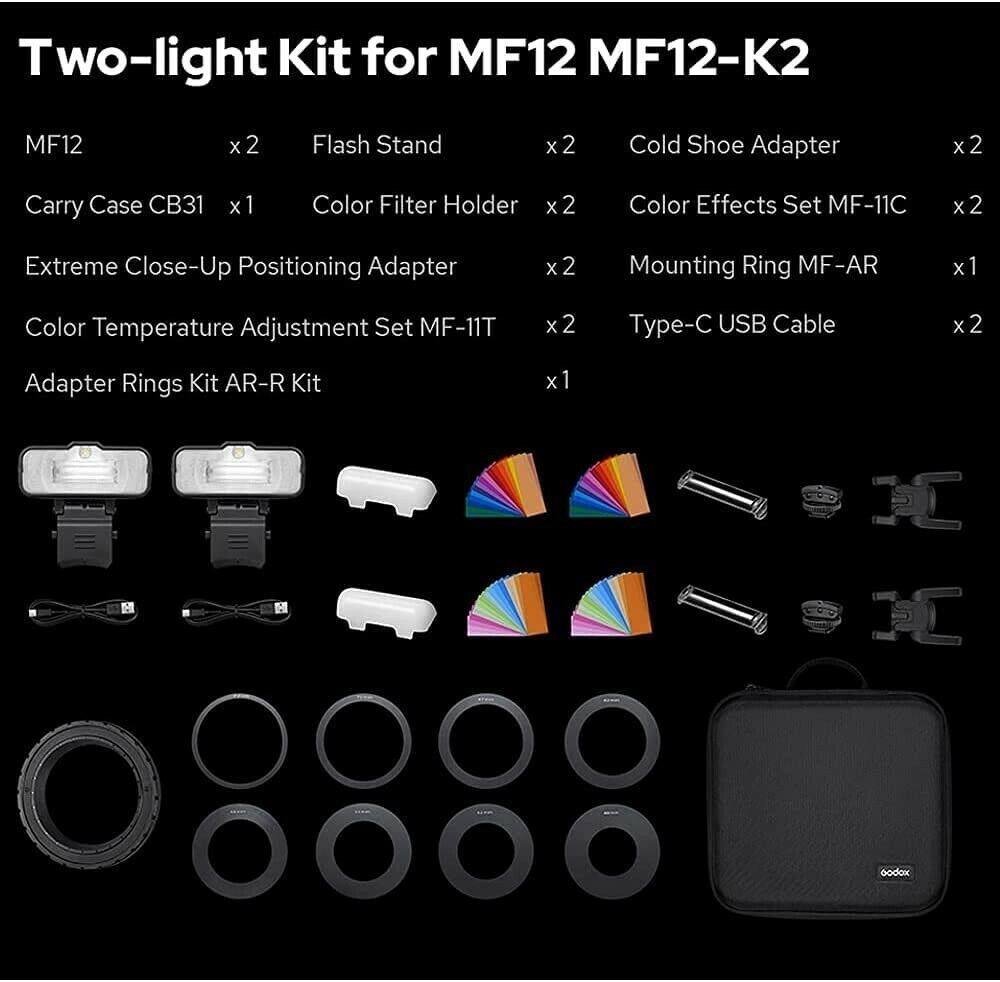 Flash Macro Godox MF12-K2 Kit 2 Lumières - 12W, TTL, 2.4GHz, Compatible Nikon Sony Canon Fuji