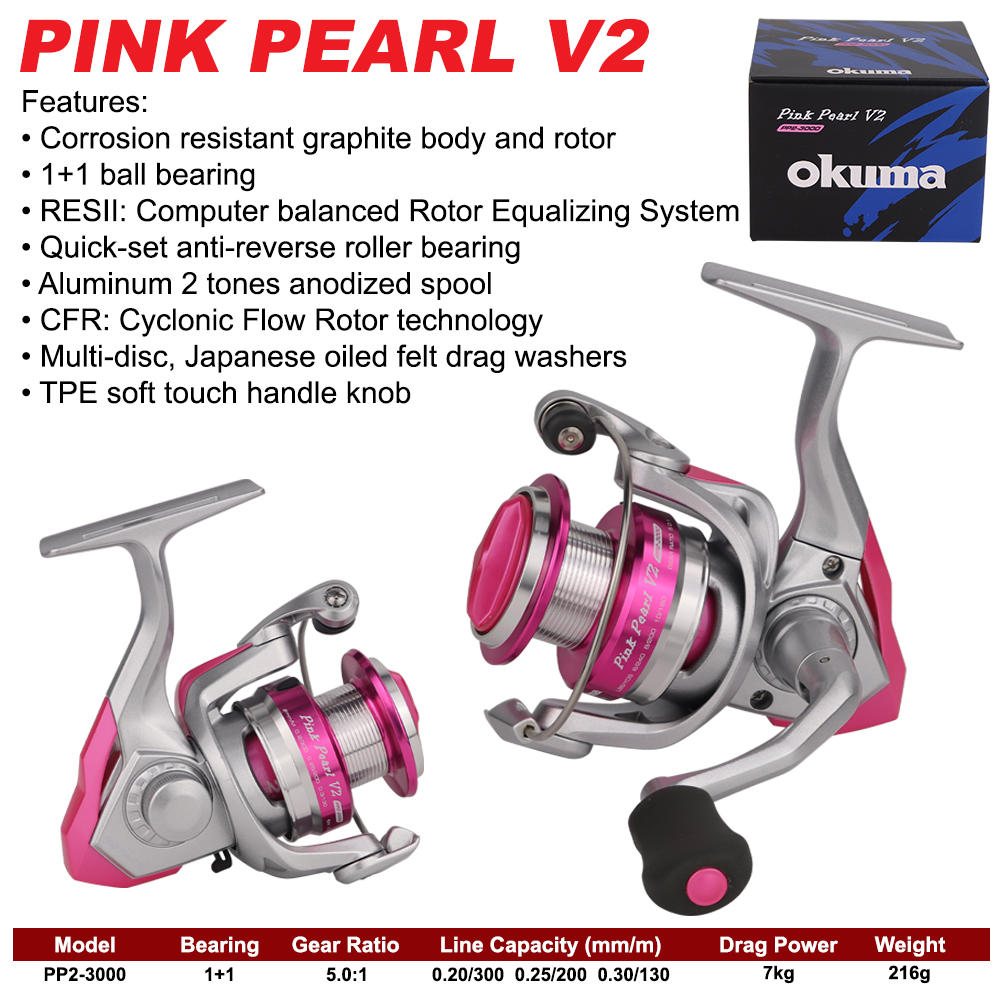7kg Max drag) Okuma Pink Pearl V2 Spinning Fishing Reel 1+1BB Mesin Pancing  Wanita Lady Women Reel