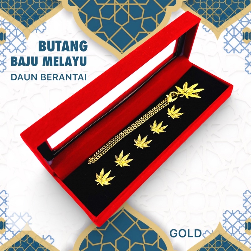 Elegant Brooch Exclusive Raya 2024 Butang Baju Melayu Daun Berantai Set Free Kotak Baldu Btr 