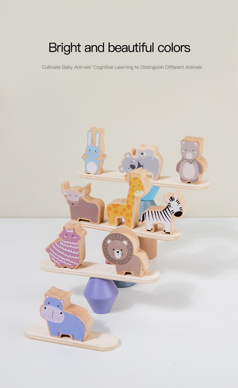 Wooden Zoo Animals Balance & Stack Geometric Building Blocks Children ...