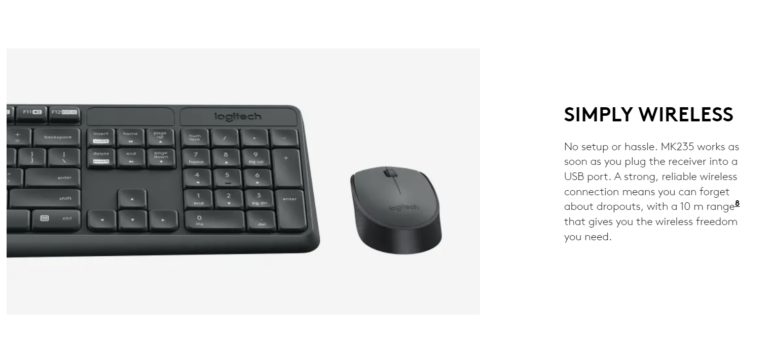 Logitech MK235 Wireless Keyboard and Mouse Combo Long Battery Life Full ...