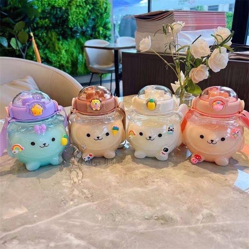 1000ml Water Bottle with Straw and Strap Large Kawaii Bear Shaped Cute ...