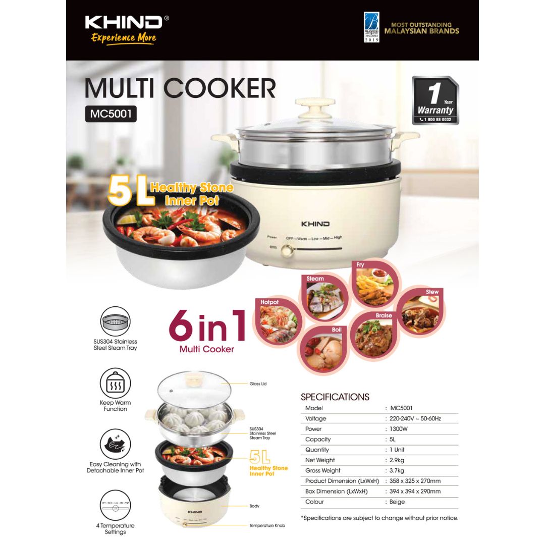 Khind Multi Cooker MC388 Rust Free SUS304 Stainless Steel / 5L Multi