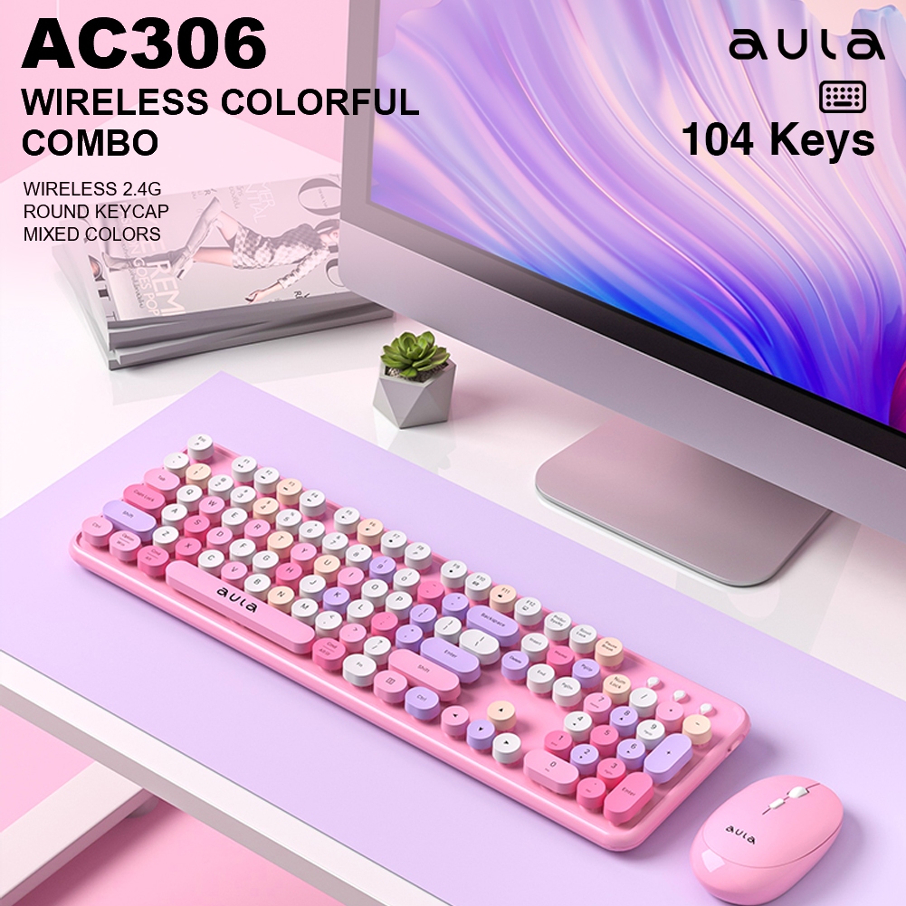 AULA AC306 Wireless Keyboard Mouse Combo Colorful Pink Blue Purple ...