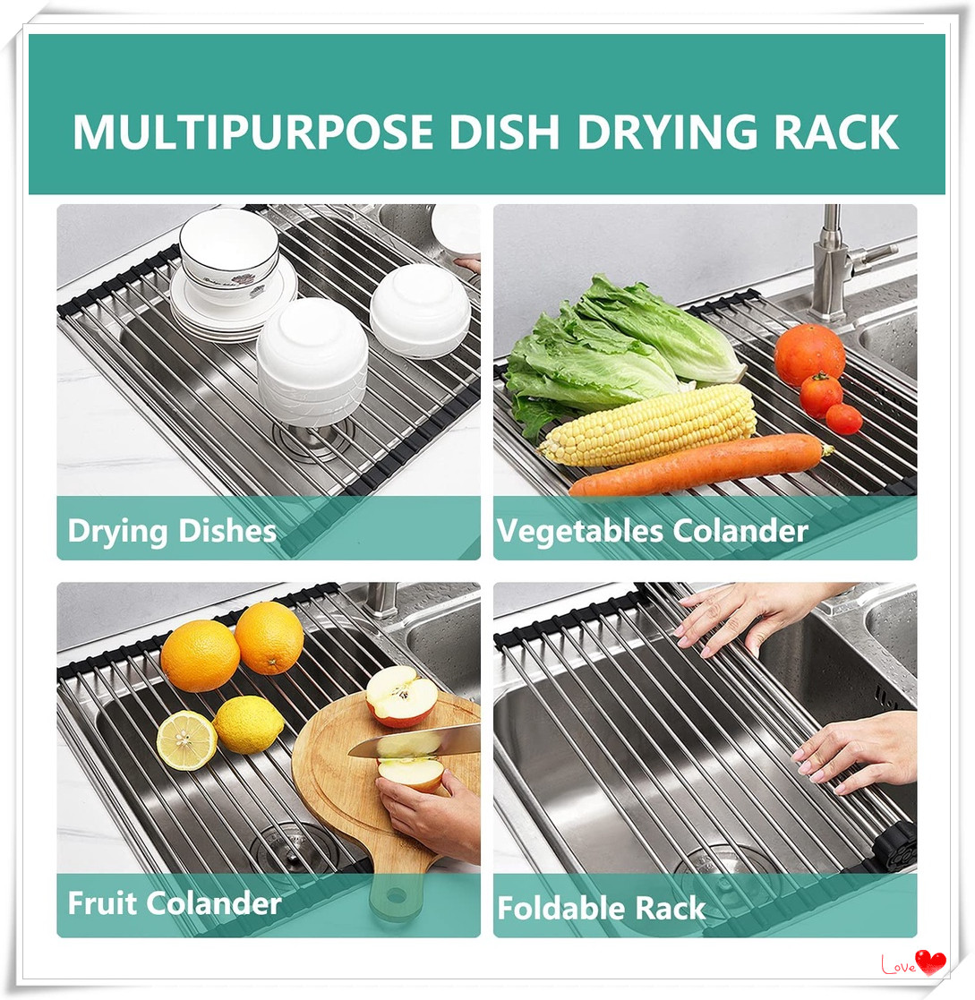 Green Folding Kitchen Drain Rack – Stainless Steel Roll-Up Drying Mat For Dishes