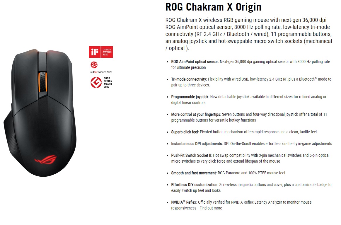 Asus ROG P708 Chakram X Origin Aimpoint 36,000 DPi Tri-Mode Wireless ...
