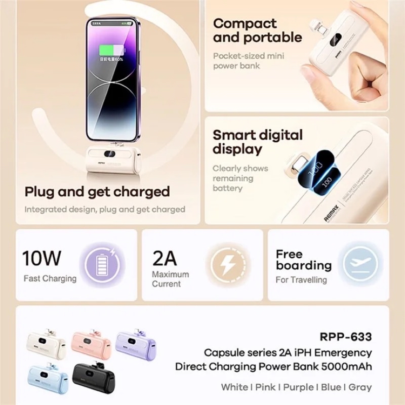Remax Mini Power Bank 5000mAh Built in Cable PowerBank External Battery ...