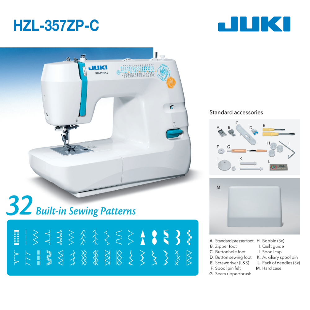 JUKI HZL 357ZP-C Sewing Machine 32 Stitch Patterns + Extension Table ...