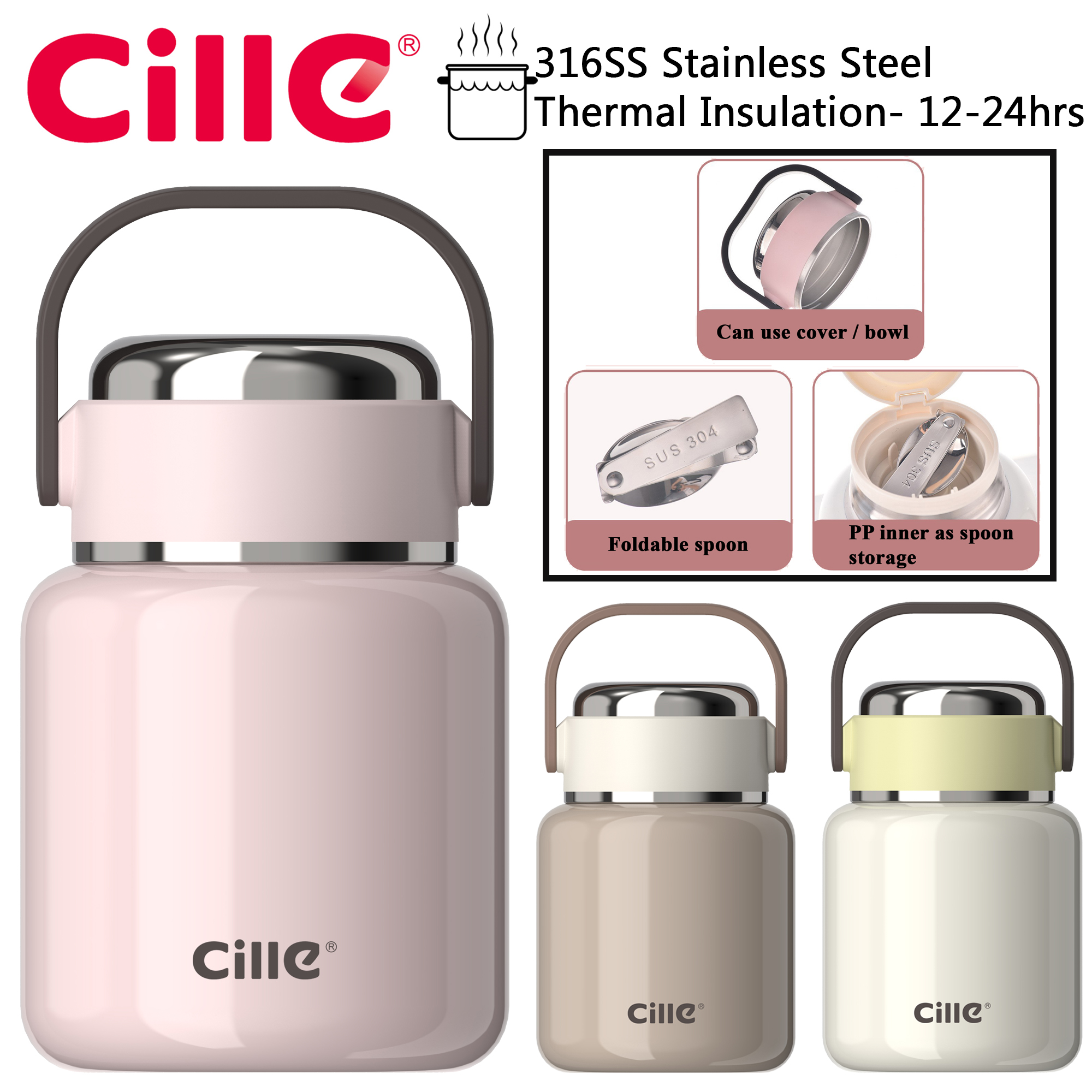 Cille 316SS Portable Thermal Cooker Food Container Lunch  Box [Double Wall]