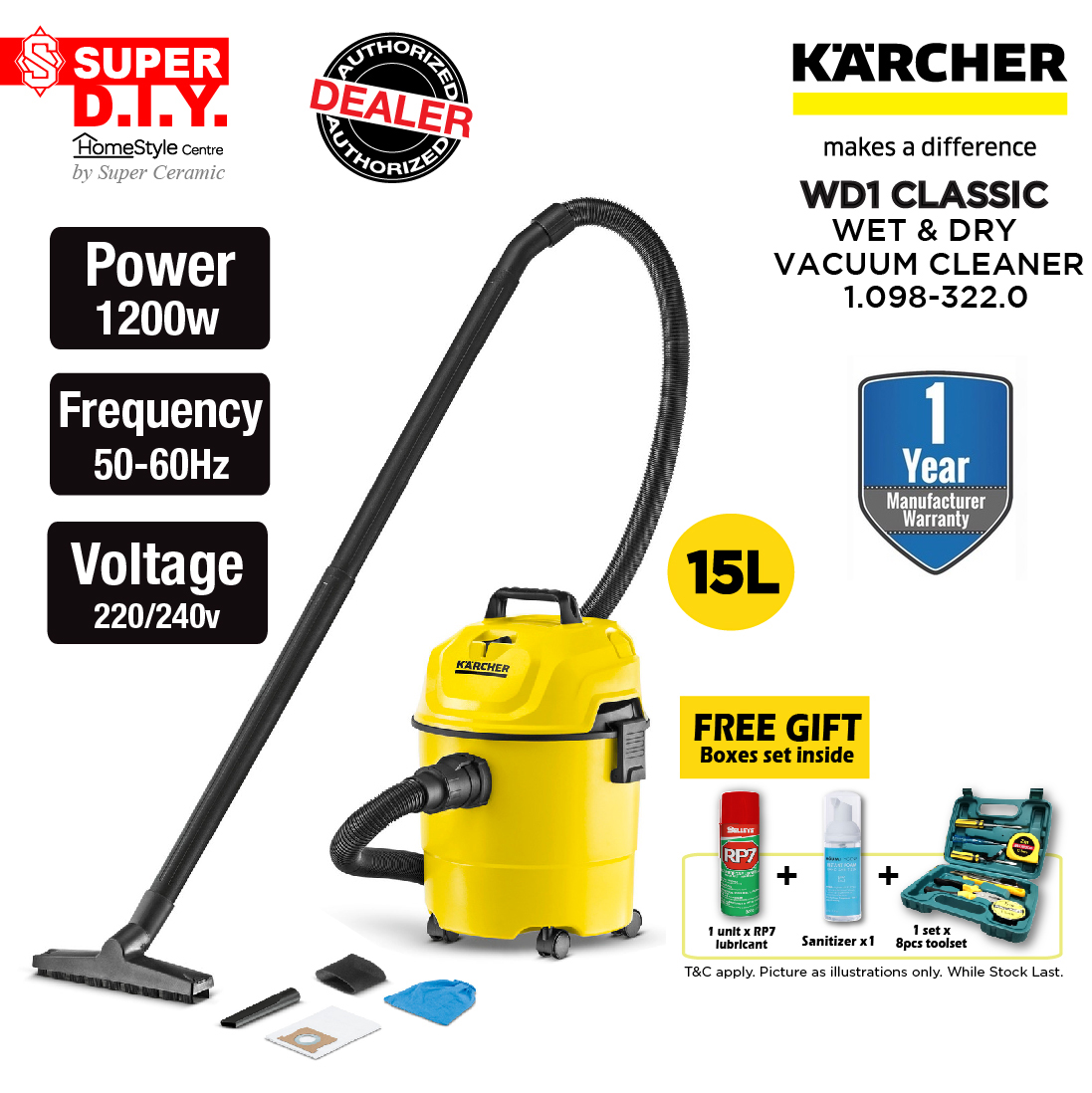 KARCHER WD1 Classic Multi-Purpsoe Wet & Dry Vacuum Cleaner 1.098-322.0 ...