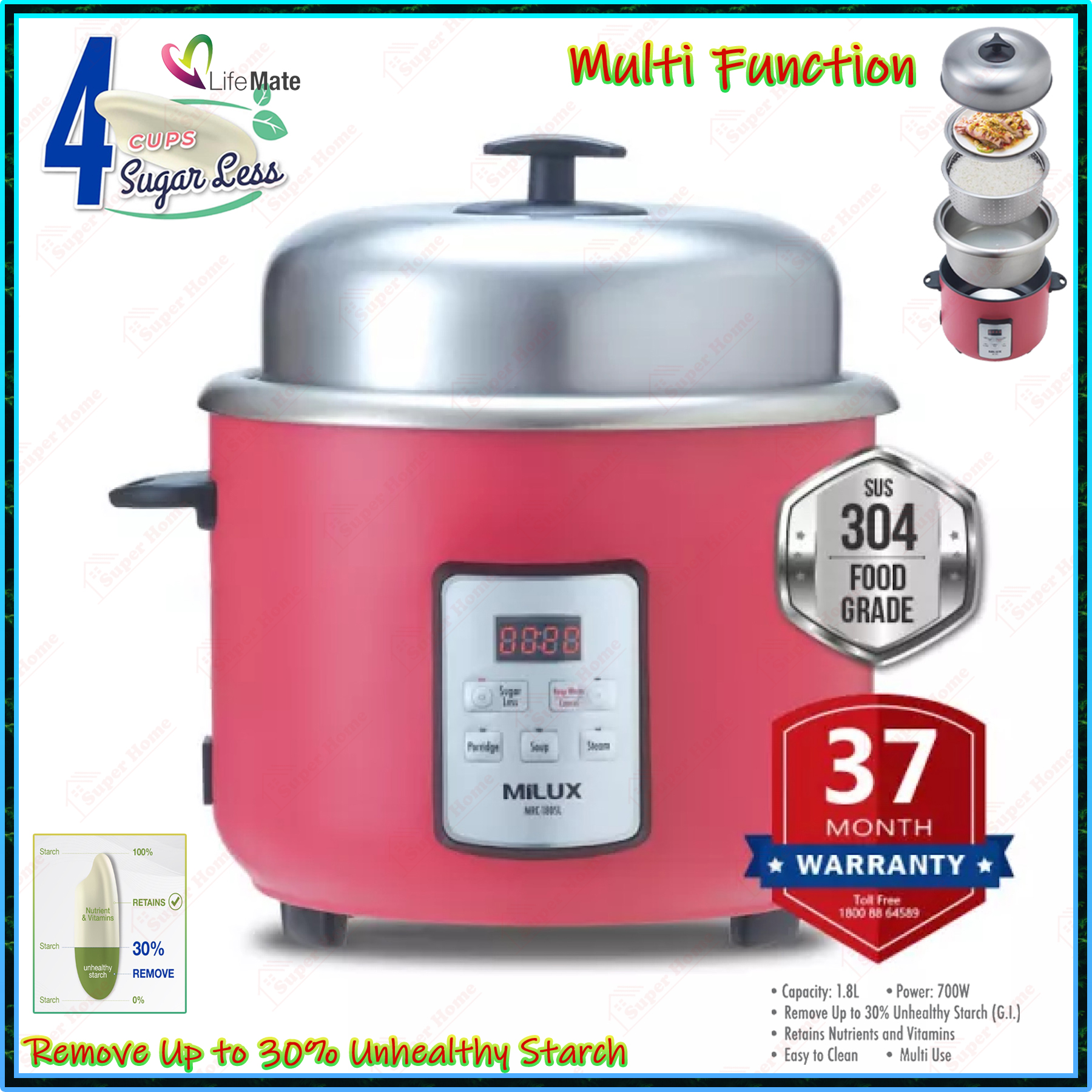 Milux Sugar Less Rice Cooker MRC-180SL 1.8L Multi-Function Rice Cooker ...