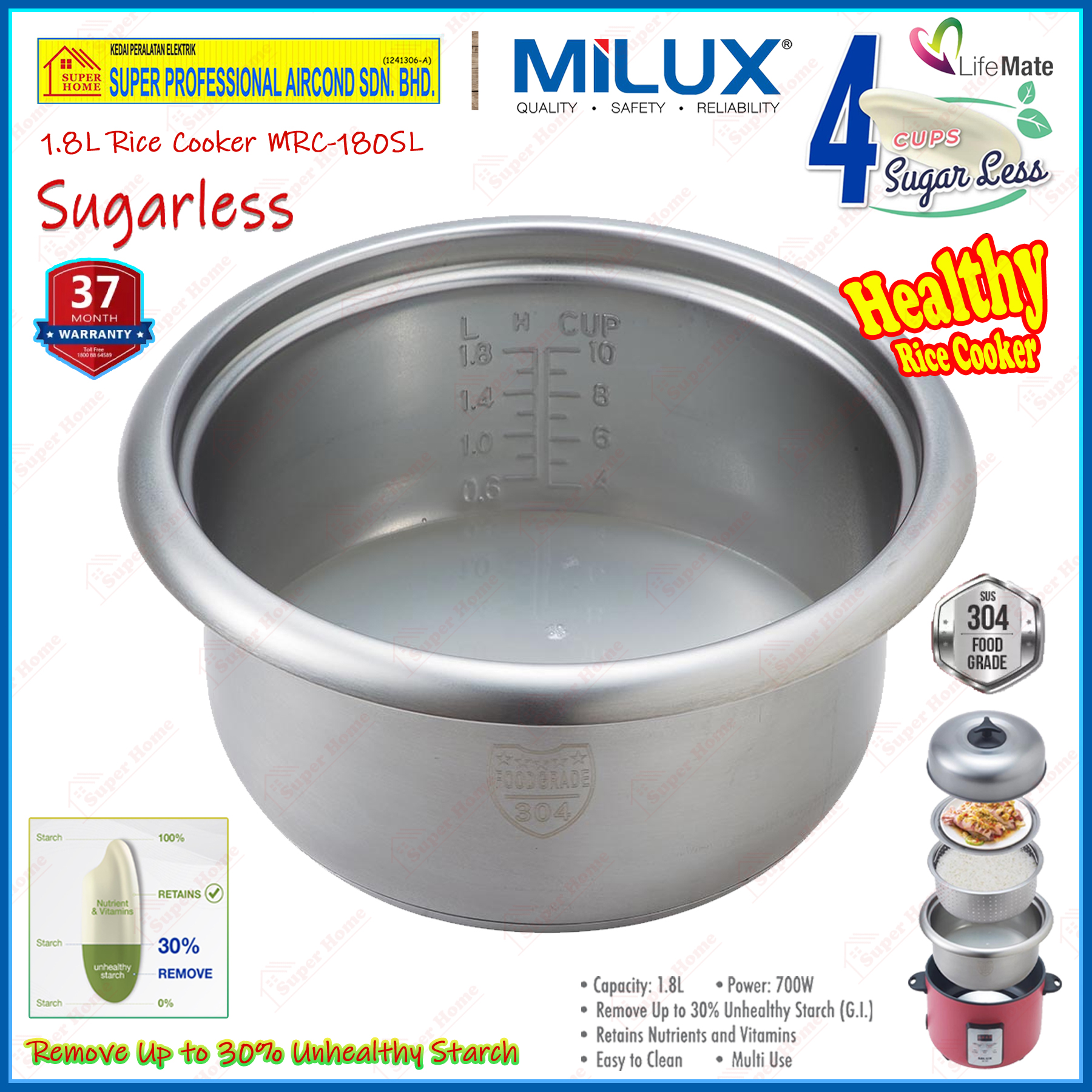 Milux Sugar Less Rice Cooker MRC-180SL 1.8L Multi-Function Rice Cooker ...