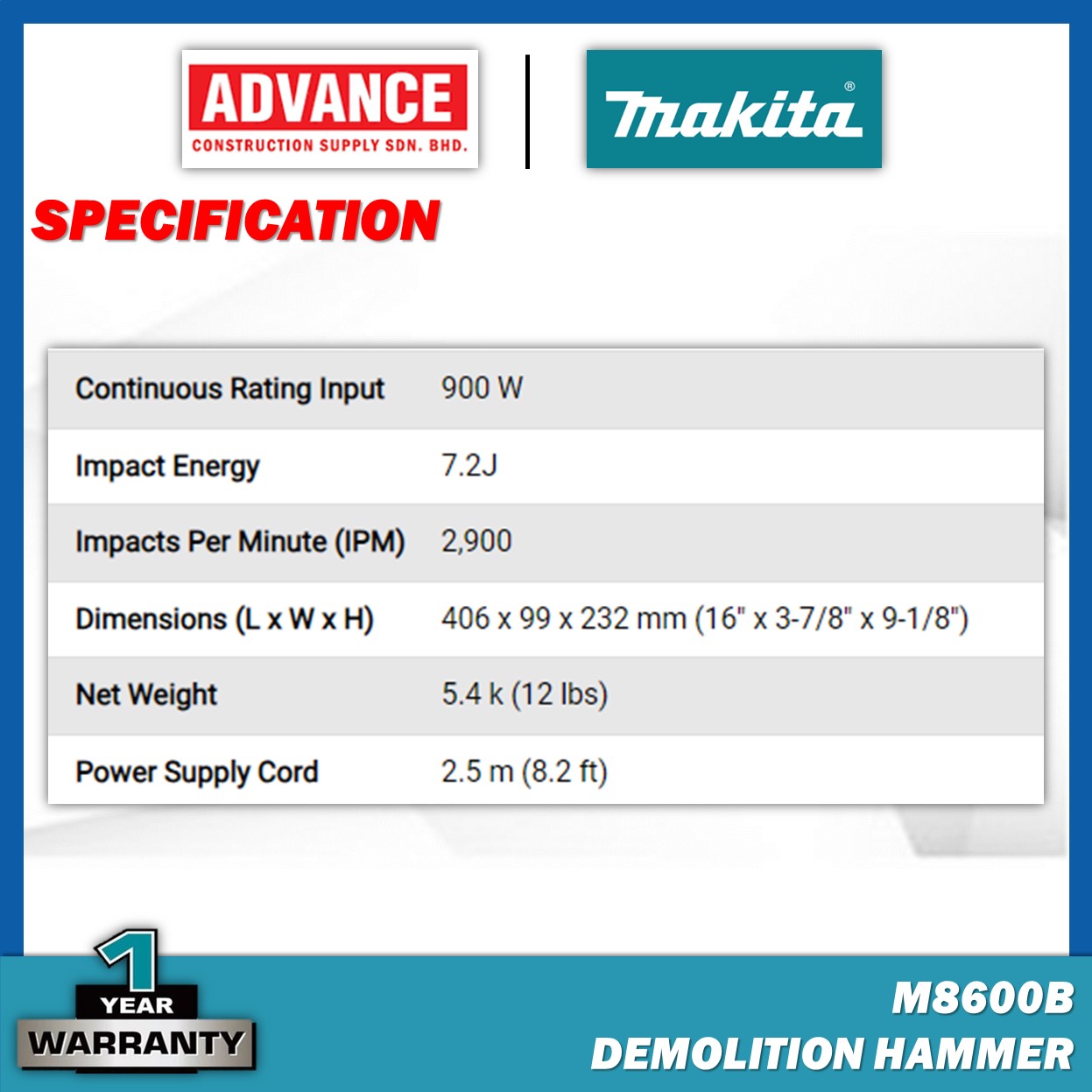 MAKITA MT SERIES M8600 / M8600B Hex Shank Demolition Hammer 900W 17MM