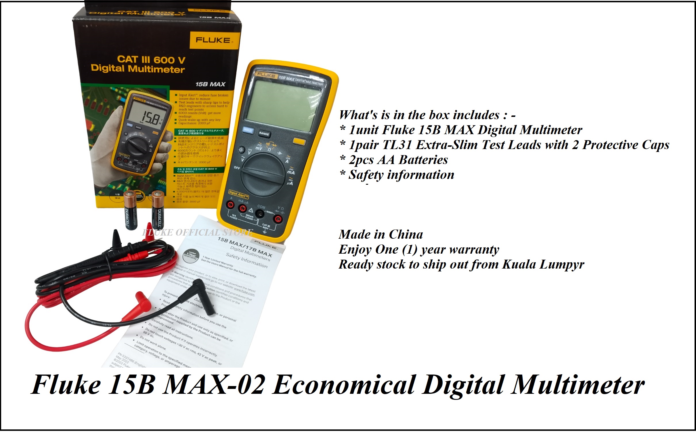 Fluke 15B MAX01/MAX02/MAXKIT Economical Digital Multimeter; Voltage