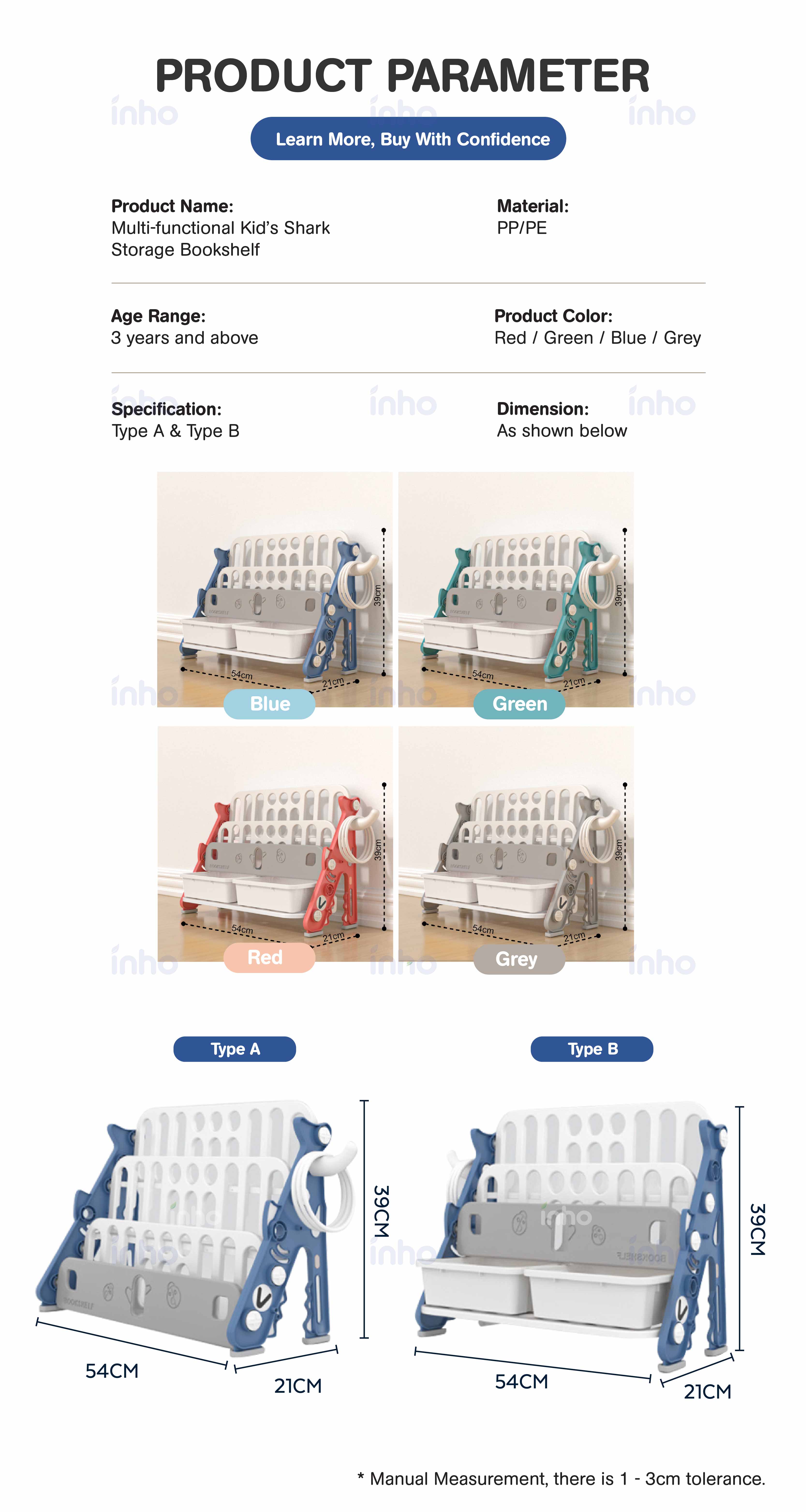 INHO L54cm Shark Design Children Storage Toy Rack Bins Child Utility ...