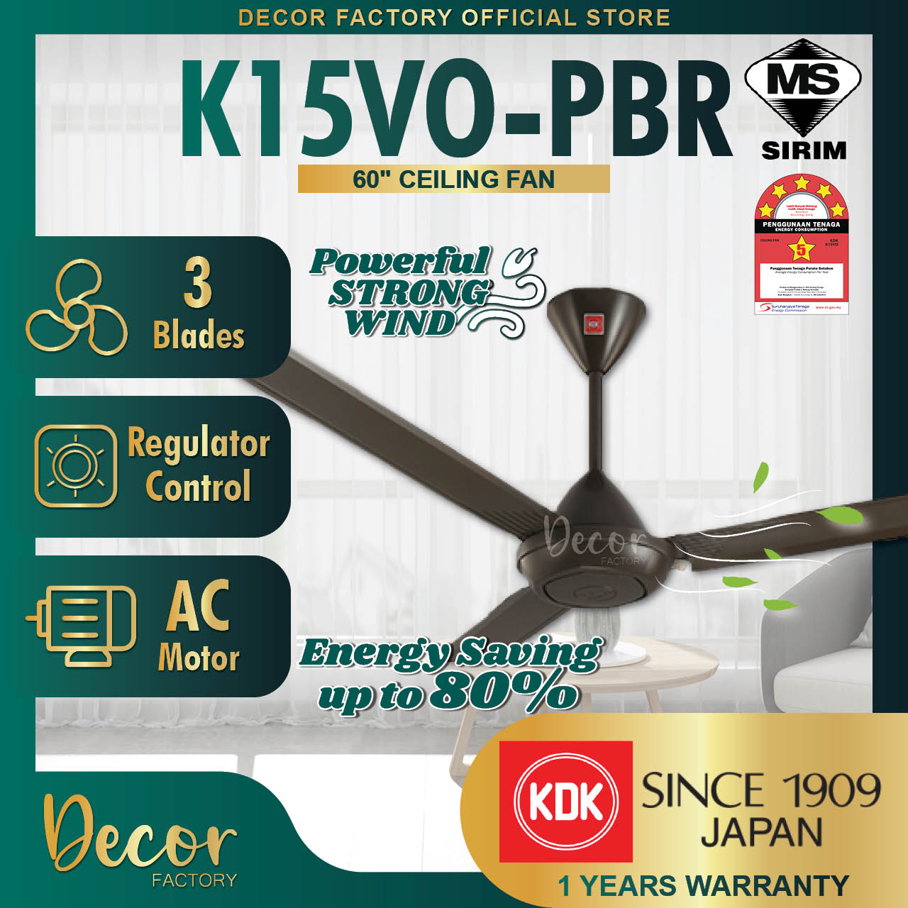 KDK Fan KDK K15VOPBR / K15VO-PBR 60'' 3 Blades 5 Speed Energy Saving ...
