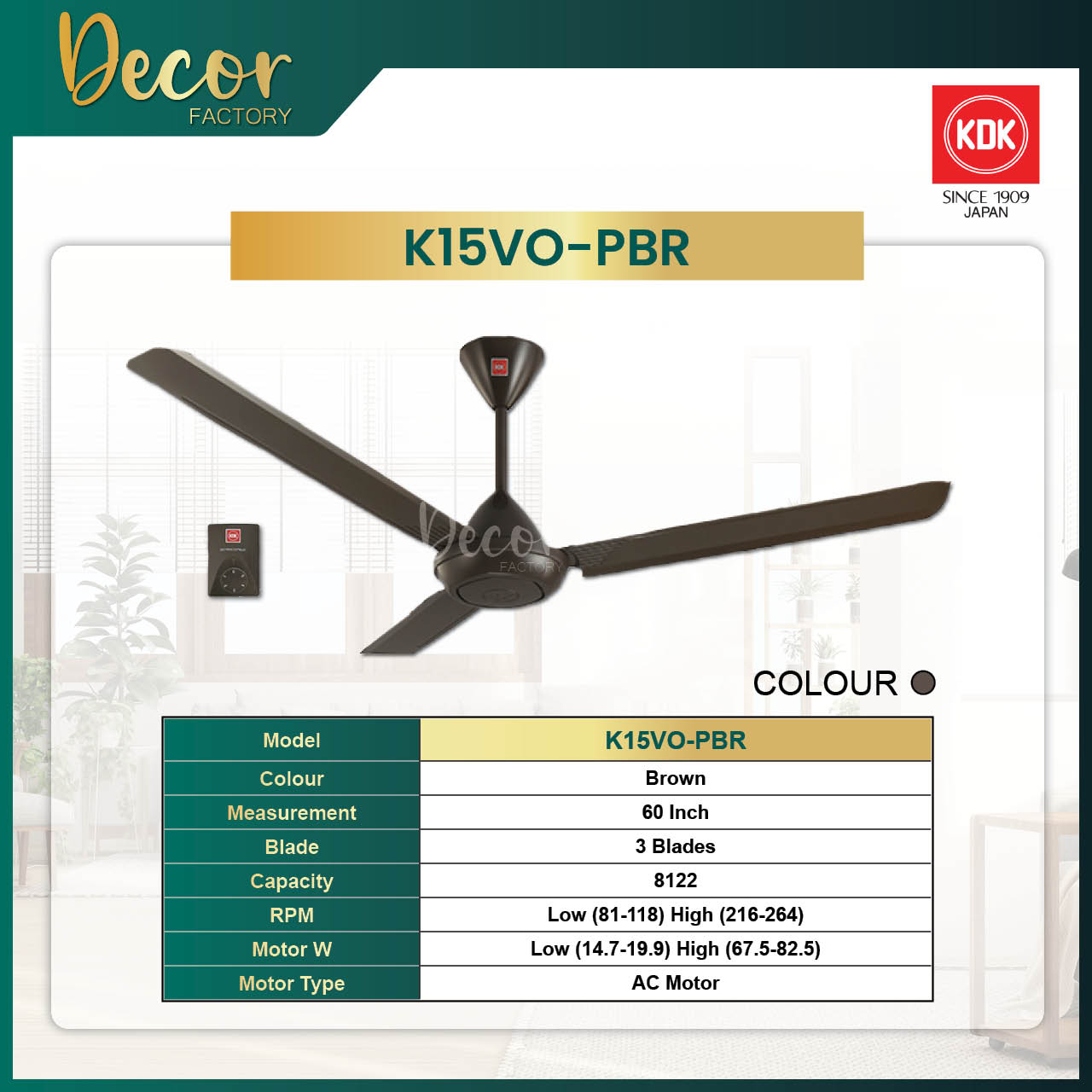 KDK Fan KDK K15VOPBR / K15VO-PBR 60'' 3 Blades 5 Speed Energy Saving ...