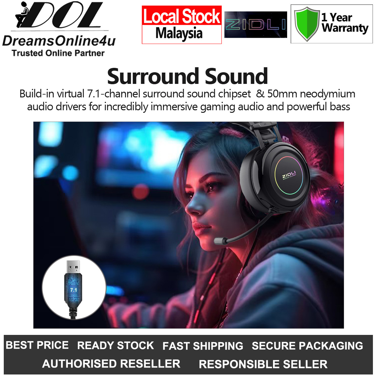 Zidli ZH7 USB Virtual 7.1Ch Surround Sound 50mm Deep Bass Speaker RGB
