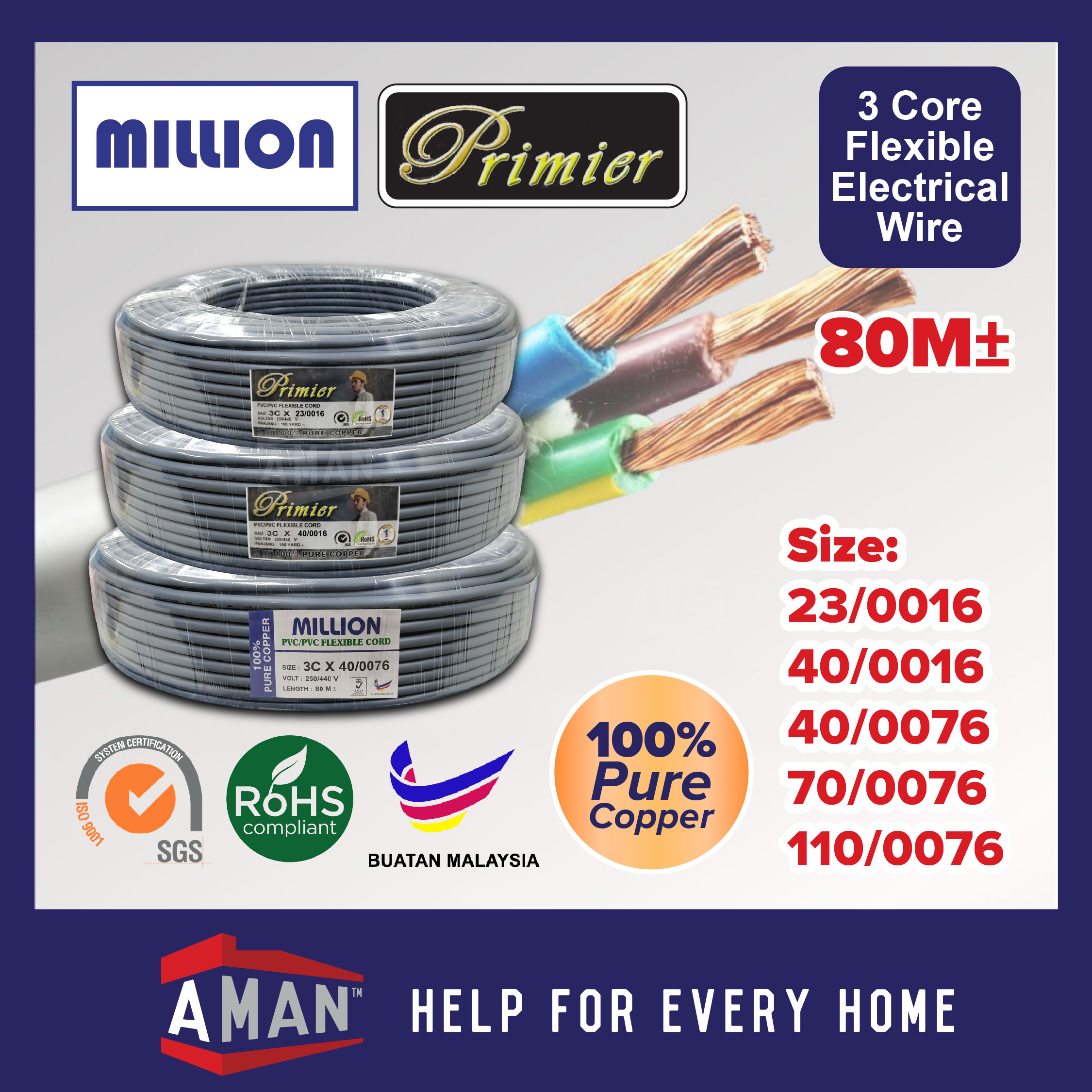 MILLION PRIMIER 3 Core Flexible Electrical Wire Flexible Cable 100% ...