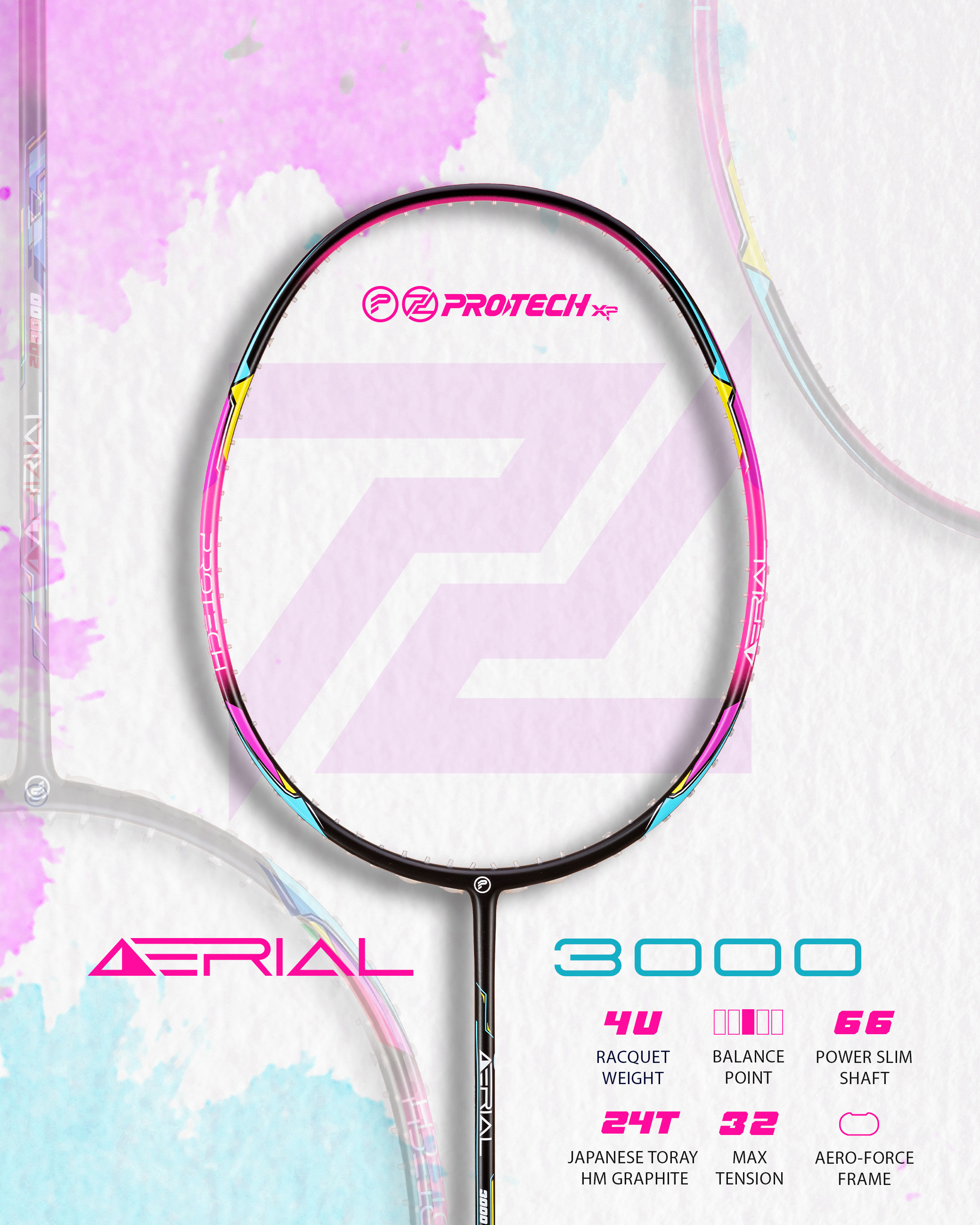 PROTECH Badminton Racket - Aerial 3000 (4UG1)(MAX 32LBS)(FREE String ...