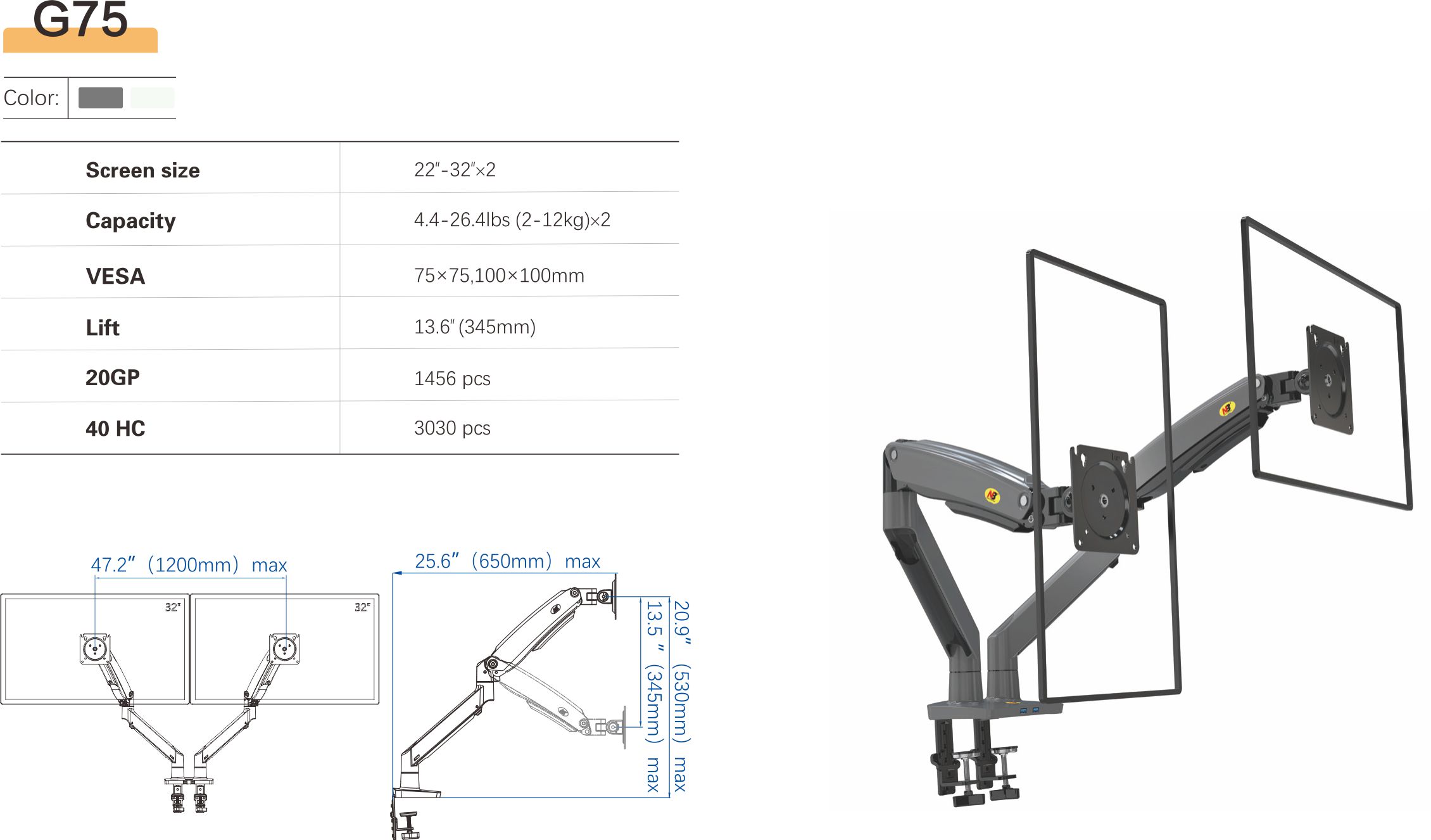 NB North Bayou G75 Dual Monitor Desk Mount Stand Full Motion Swivel