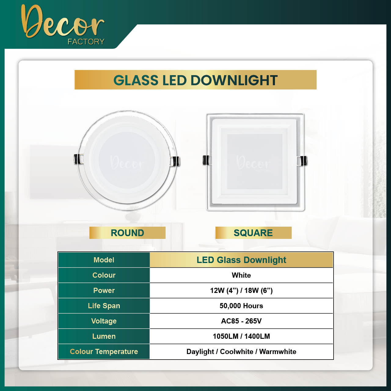 LED Downlight Glass Recess 12W 4inch/18W 6inch Round Square LED Down ...