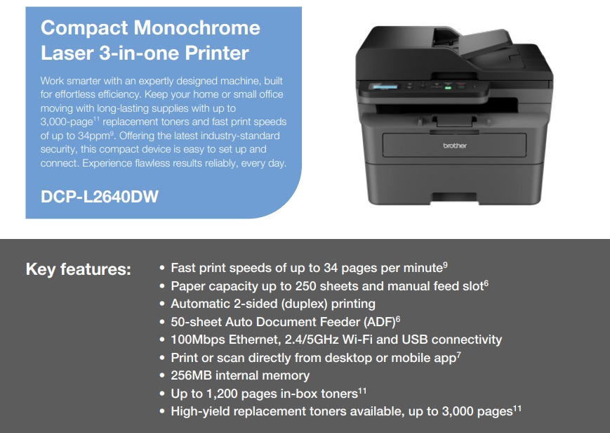 Brother Wireless Duplex Laser Printer DCPL2640dw New Print Scan