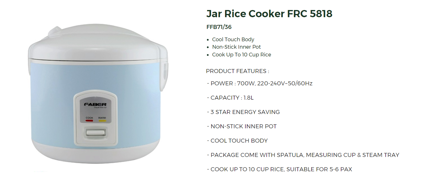 Faber Jar Rice Cooker With Food Steamer Tray Periuk Nasi Elektrik 电饭煲 ...