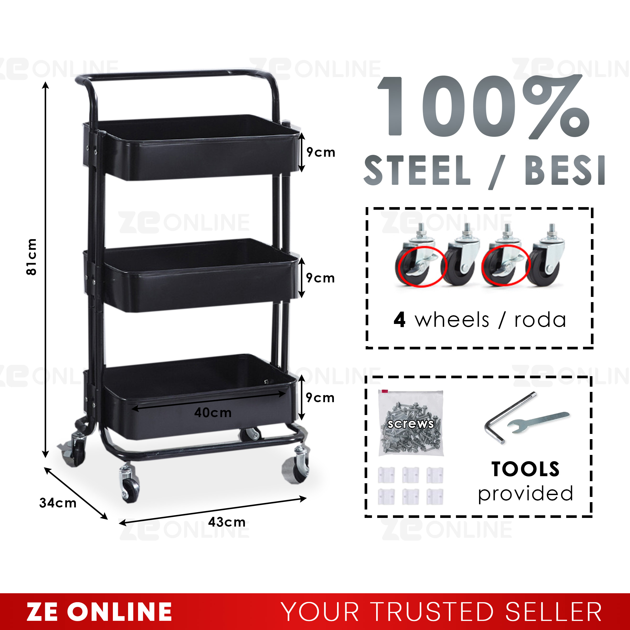 【100% Steel】3 Tiers Full Steel Trolley Rack/Shelves Kitchen Rack/Rak ...