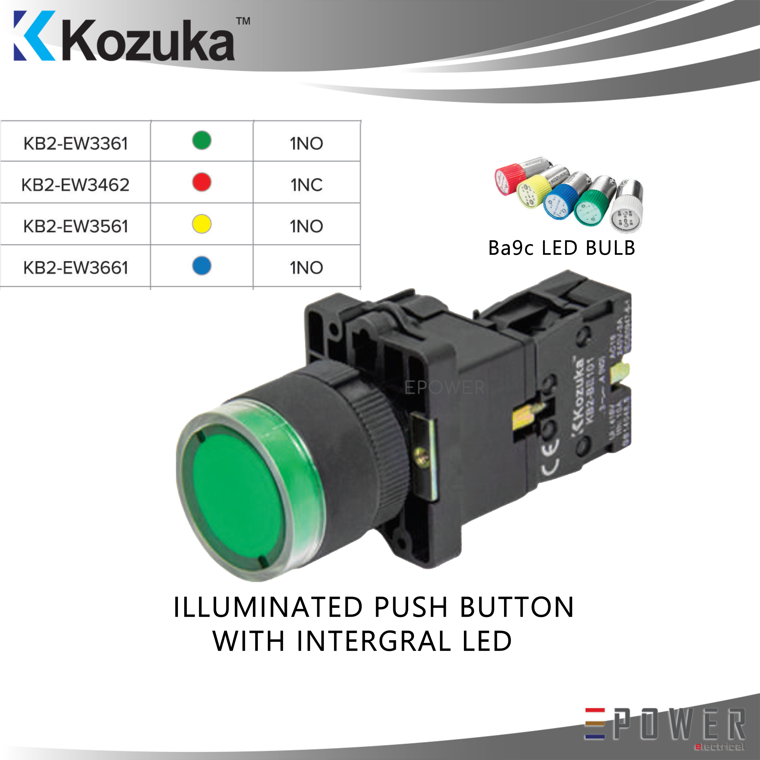 KOZUKA ILLUMINATED PUSH BUTTON WITH INTERGRAL LED GREEN, RED, YELLOW ...
