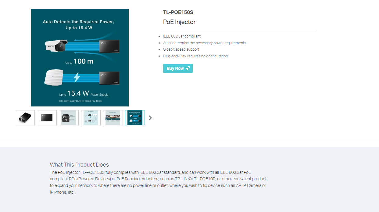 TP-LINK Tplink 15W POE Injector Adapter 1 Gigabit PoE Port 1× Gigabit ...