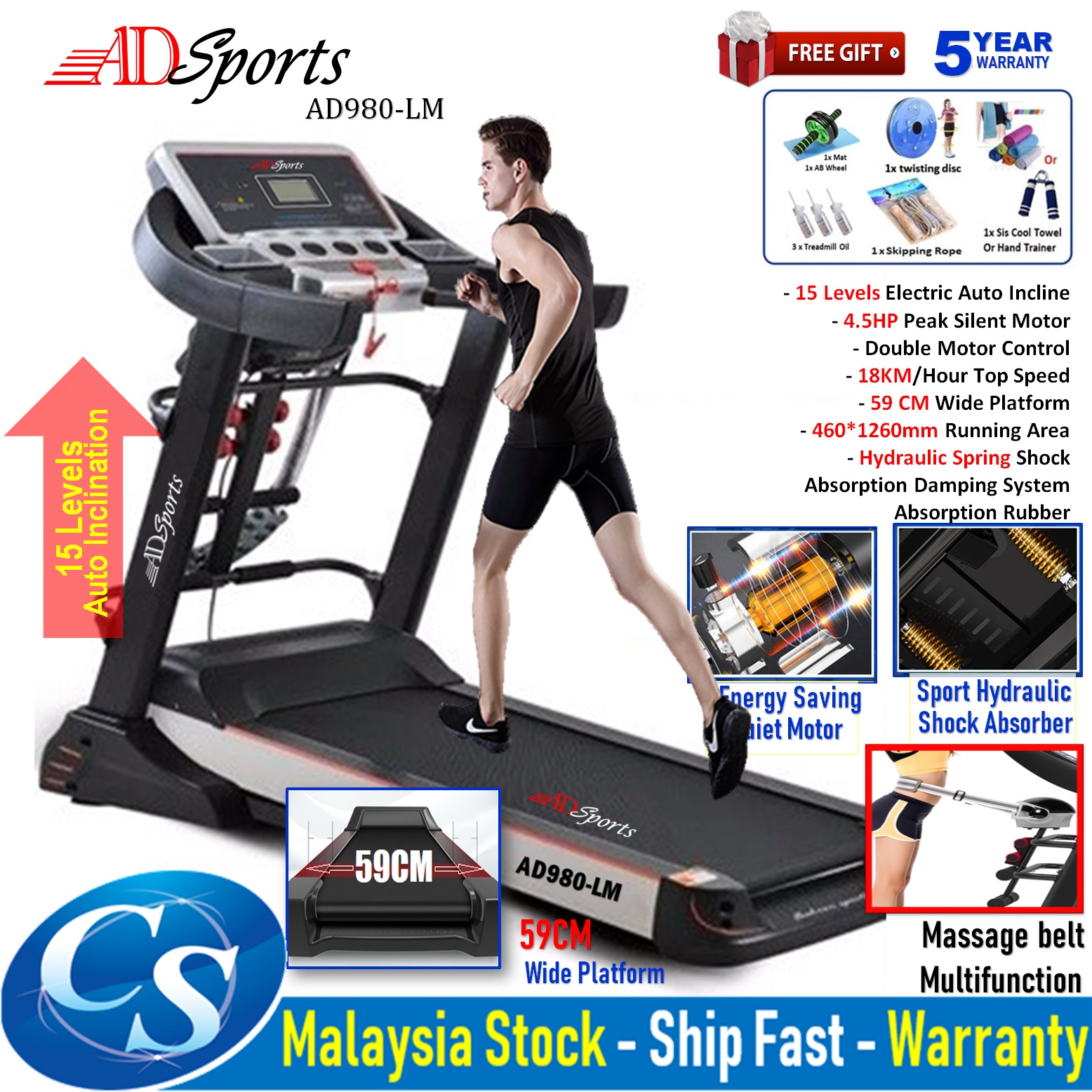 4.5HP ADSports AD980 Motorized Treadmill 59CM Wide platform 15levels Inclination System Mesin Lari naik Bukit Shopee Malaysia