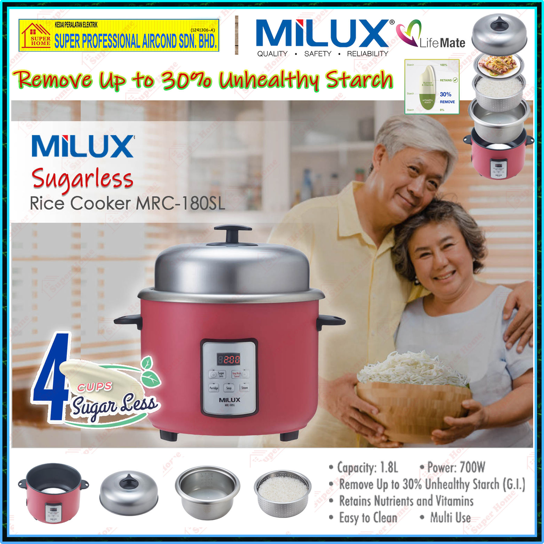 Milux Sugar Less Rice Cooker MRC-180SL 1.8L Multi-Function Rice Cooker ...